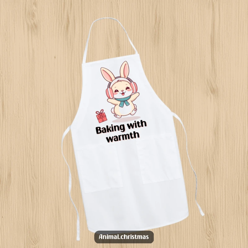 Funny apron showcasing a rabbit wearing earmuffs, hopping with festive cheer, ready for holiday baking.