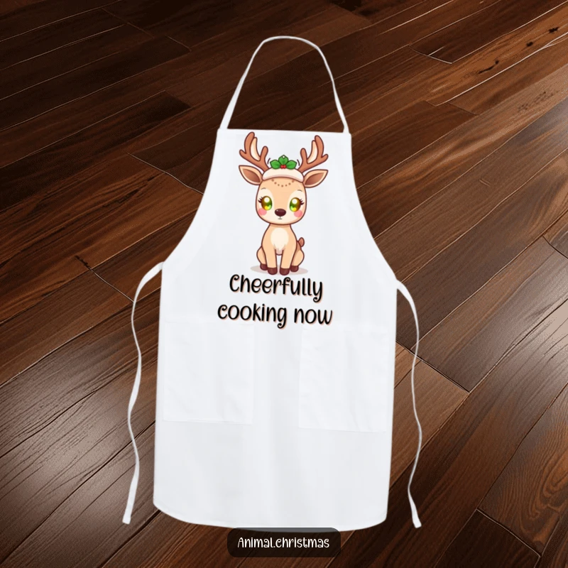 Funny kawaii deer apron, with glowing eyes, radiating holiday cheer, cute holiday kitchen wear for baking and cooking.