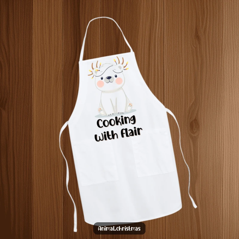 Funny apron showcasing a polar bear humorously tangled in twinkling Christmas lights, ideal for festive kitchen activities.