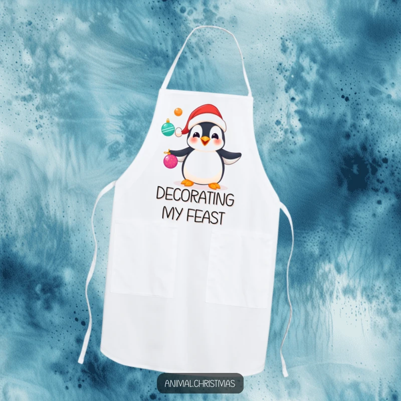 Funny apron featuring a penguin in a Santa hat, juggling multiple shiny Christmas ornaments, ideal for festive food preparation.