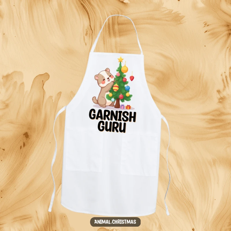 Funny kitchen apron with a joyous animal decorating a miniature pine tree, perfect for festive crafting and holiday projects.