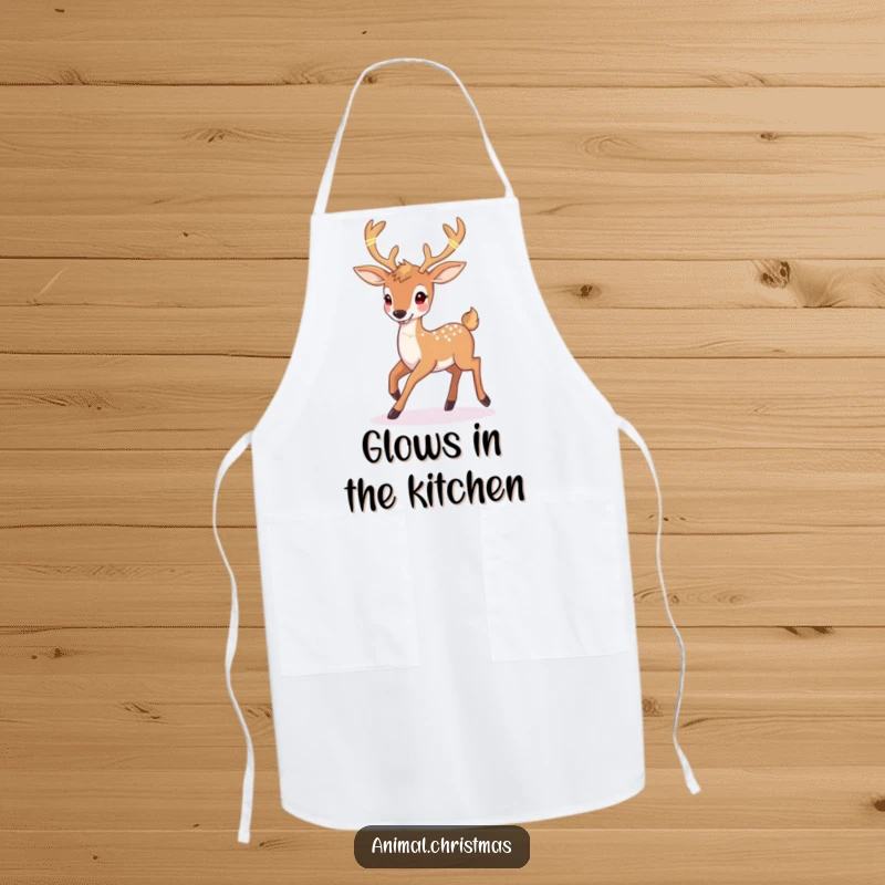 Funny deer Christmas apron with a happy deer prancing with twinkling lights woven into its antlers, ideal for festive cooking.