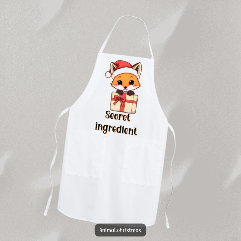 Funny apron showcasing a fox in a tiny Santa hat, peeking from behind a gift, ideal for humorous holiday cooking.