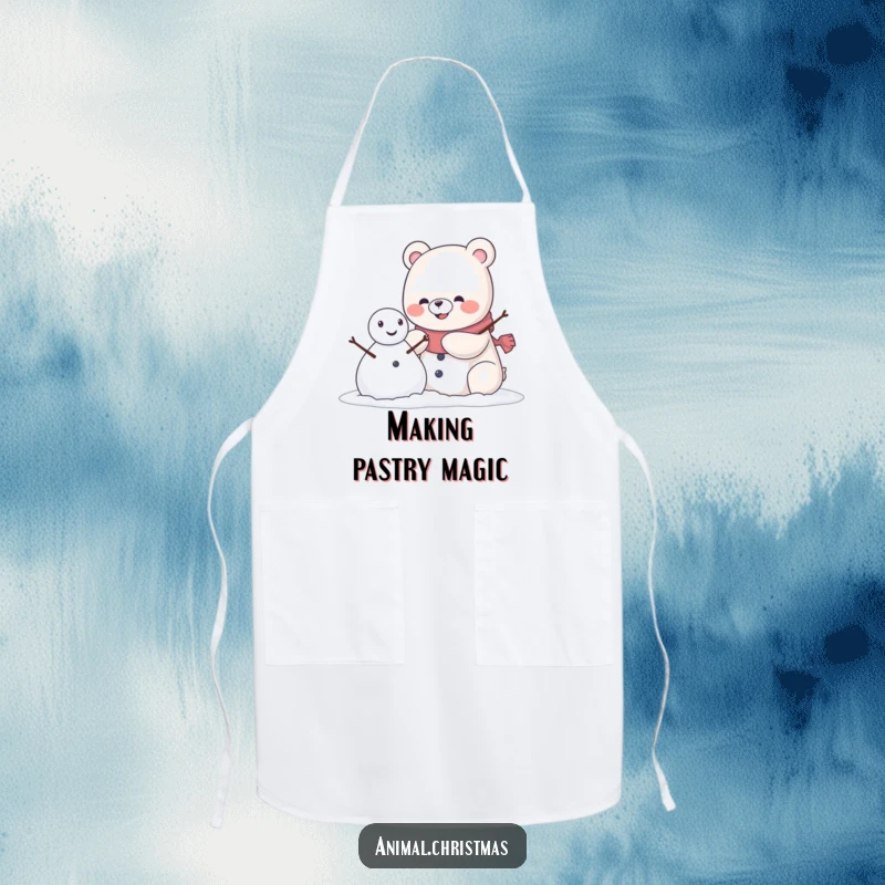 Funny kawaii bear with a pleased grin building a snowman, a practical and funny apron for the kitchen.