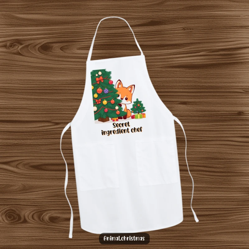Funny kawaii fox peeking from a Christmas tree on a cooking apron, adding humorous festive flair.