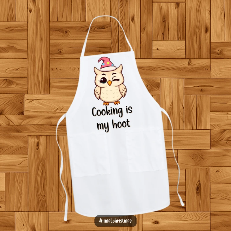 Funny kawaii owl in a festive hat blinking with amusement, a practical and funny apron for cooking.