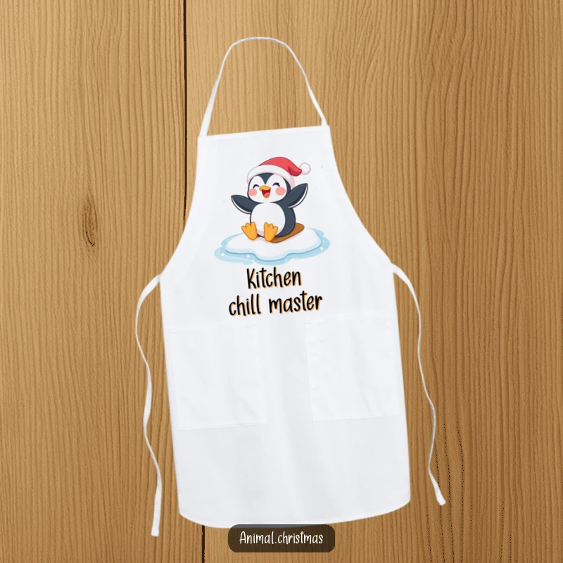 Funny Penguin Santa Apron: A penguin wearing a Santa hat joyfully sliding on ice, ideal for holiday cooking.