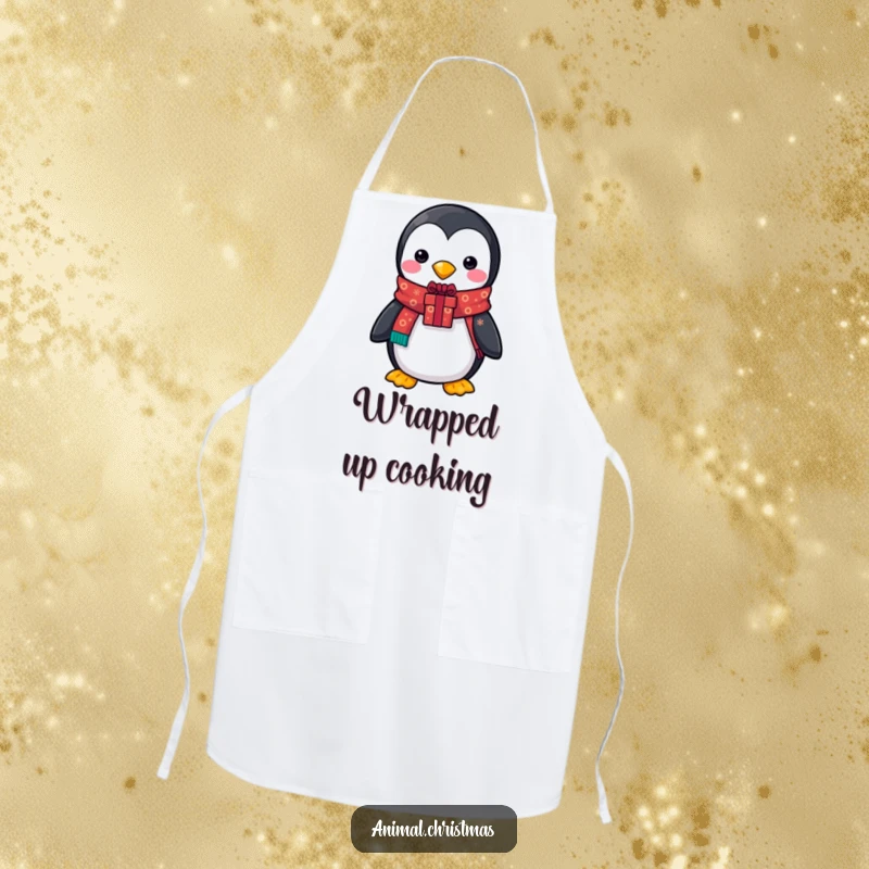 Funny apron showcasing a penguin with a festive scarf, holding a gift, ideal for humorous and cheerful holiday cooking.