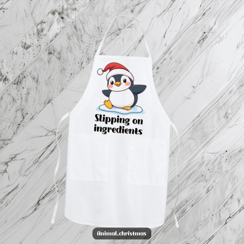 Funny Penguin Slip Apron, a cartoon penguin in a Santa hat comically slipping on ice, perfect for kitchen use during holiday cooking and baking fun.