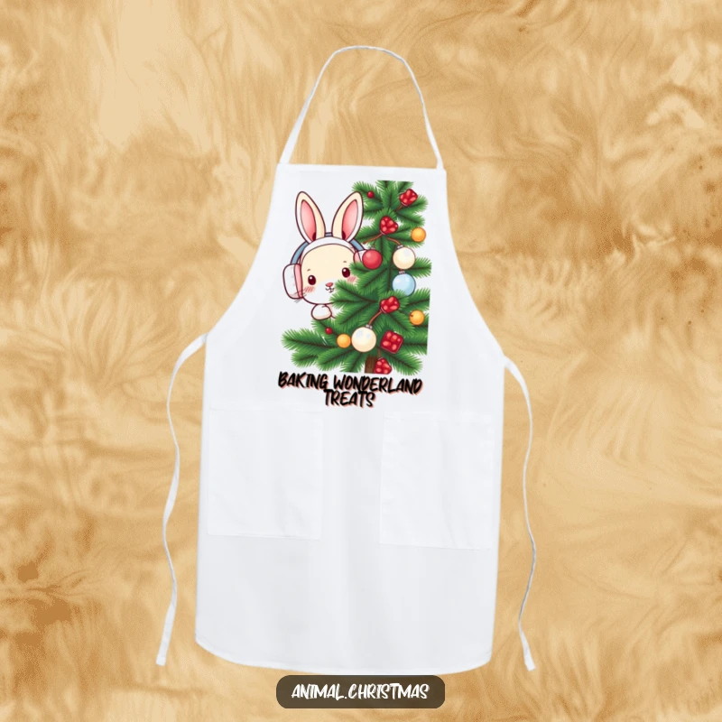 Funny rabbit apron showing a rabbit wearing earmuffs, peeking from behind a decorated pine tree, perfect for winter kitchen activities.