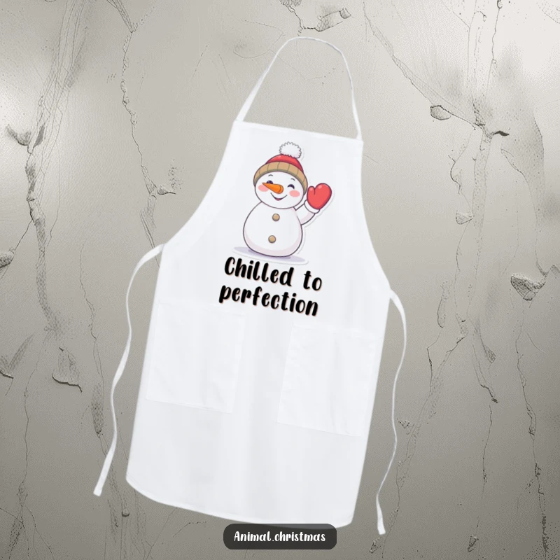 Funny snowman apron, a cheerful character with a carrot nose waving a mitten, ideal for kitchen fun.