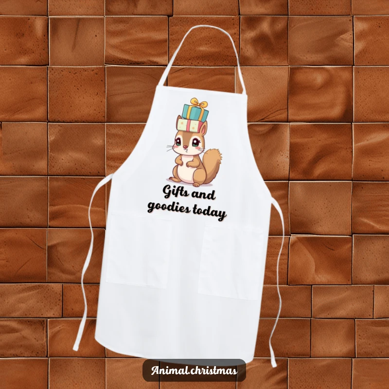 Funny Christmas apron showing a small squirrel with bright eyes, balancing a pile of wrapped presents on its head while cooking.
