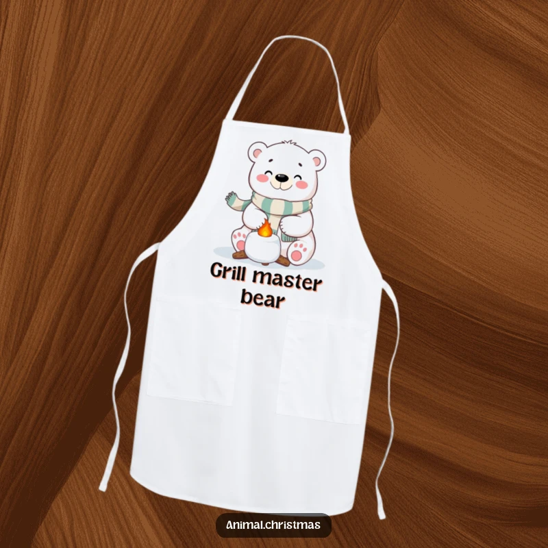 Funny Polar Bear Marshmallow Apron: A polar bear with a festive scarf happily roasting a marshmallow, ideal for holiday cooking.