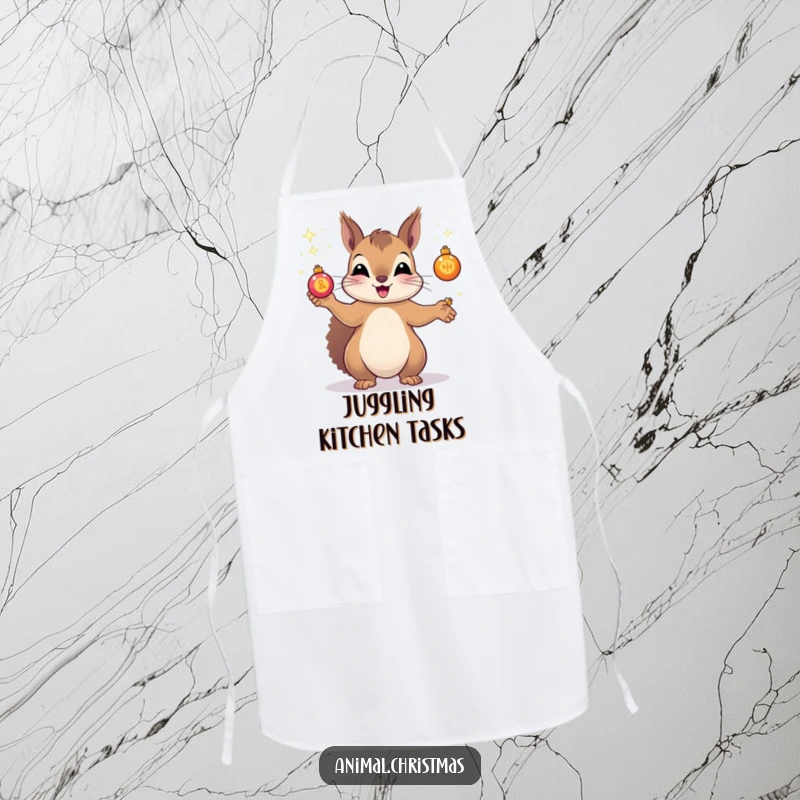 Funny apron depicting a squirrel skillfully juggling tiny, sparkling Christmas ornaments, bringing holiday cheer to the kitchen.