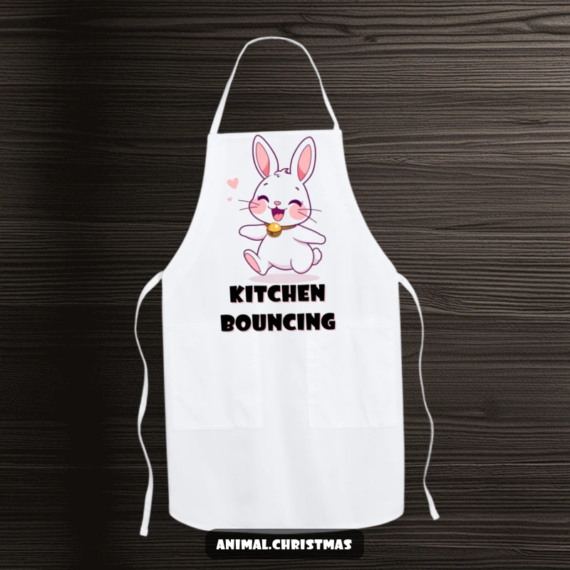 Funny apron with an excited bunny wearing a jingle bell collar, ready for festive holiday baking.