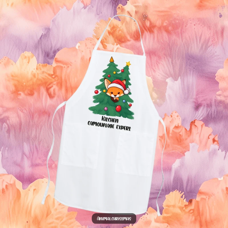 Funny Fox Santa Apron: A fox wearing a Santa hat peeking from behind a Christmas tree, ideal for holiday cooking.