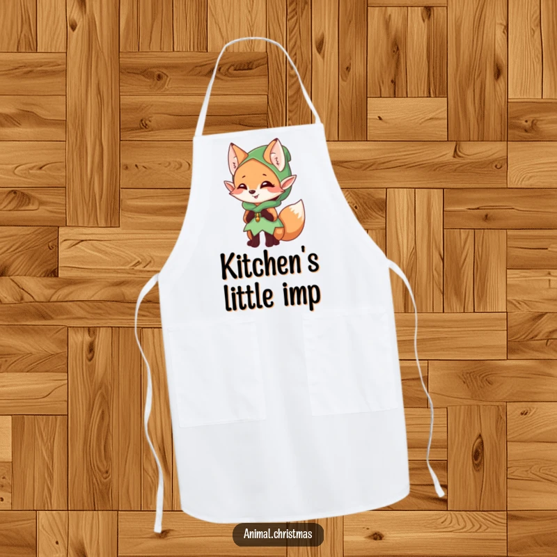Funny elf fox apron, a mischievous character giggling, dressed as an elf, perfect for kitchen fun.