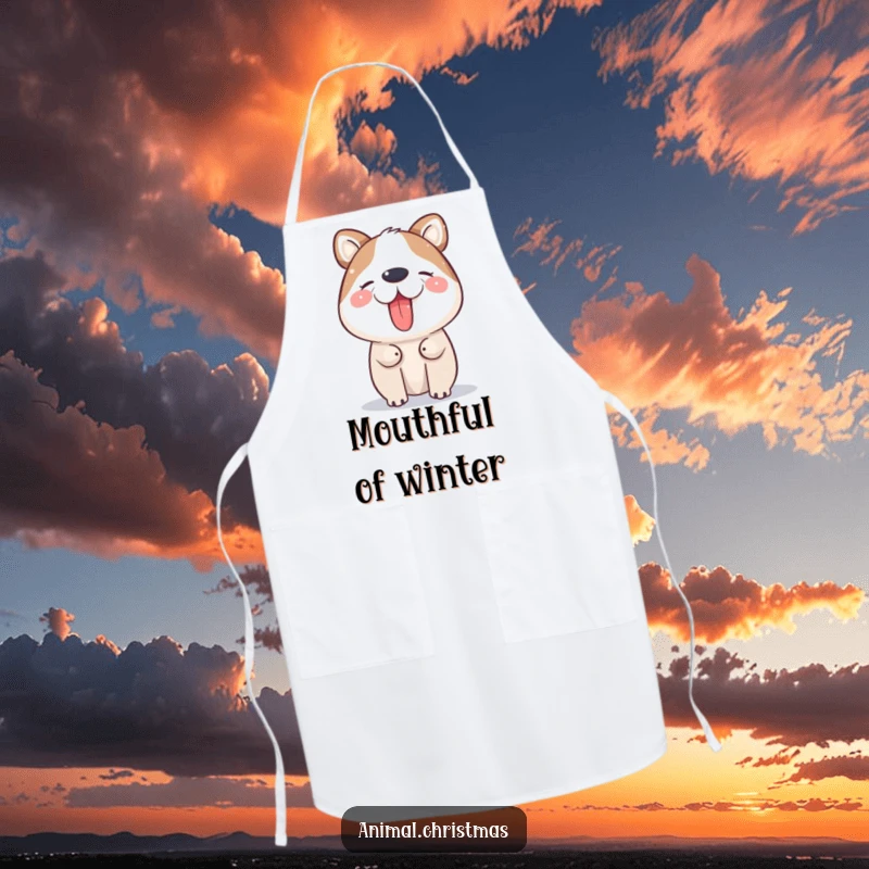 Funny Apron: An animal happily catches falling snowflakes on its tongue, adding a touch of winter magic.