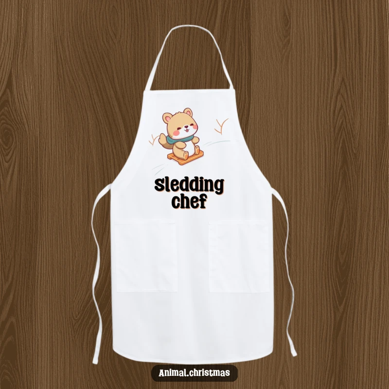 Funny apron depicting an animal gleefully sliding down a snowy hill on a sled, perfect for adding winter thrill to cooking.