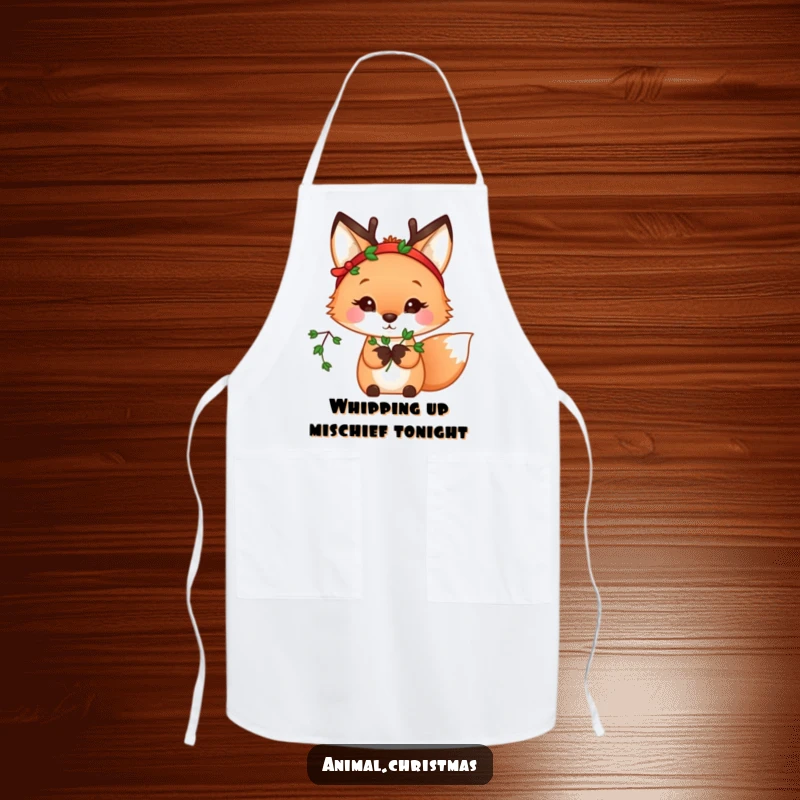 Funny kawaii fox wearing a reindeer headband, holding mistletoe, a practical and funny apron for cooking.