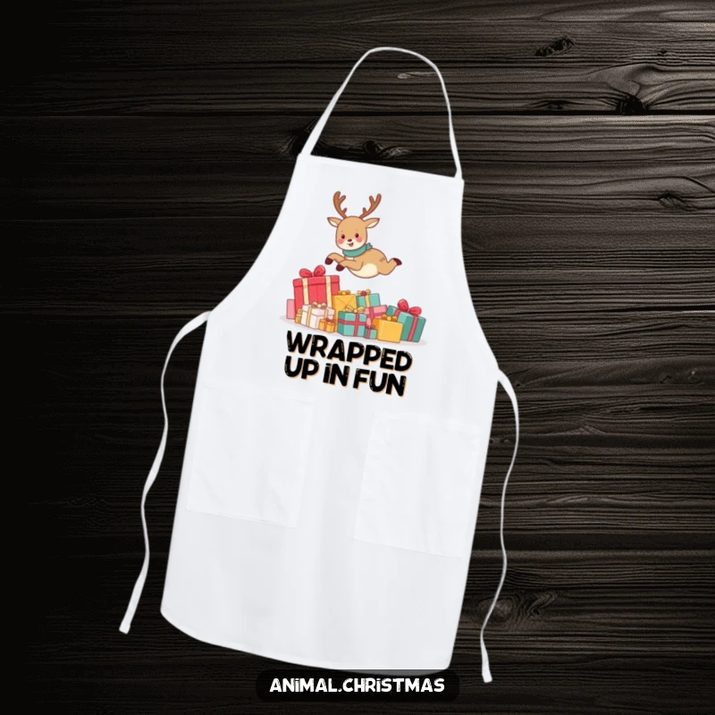 Funny apron decorated with a cute reindeer joyfully leaping over a stack of Christmas presents, ideal for a cheerful cooking experience.