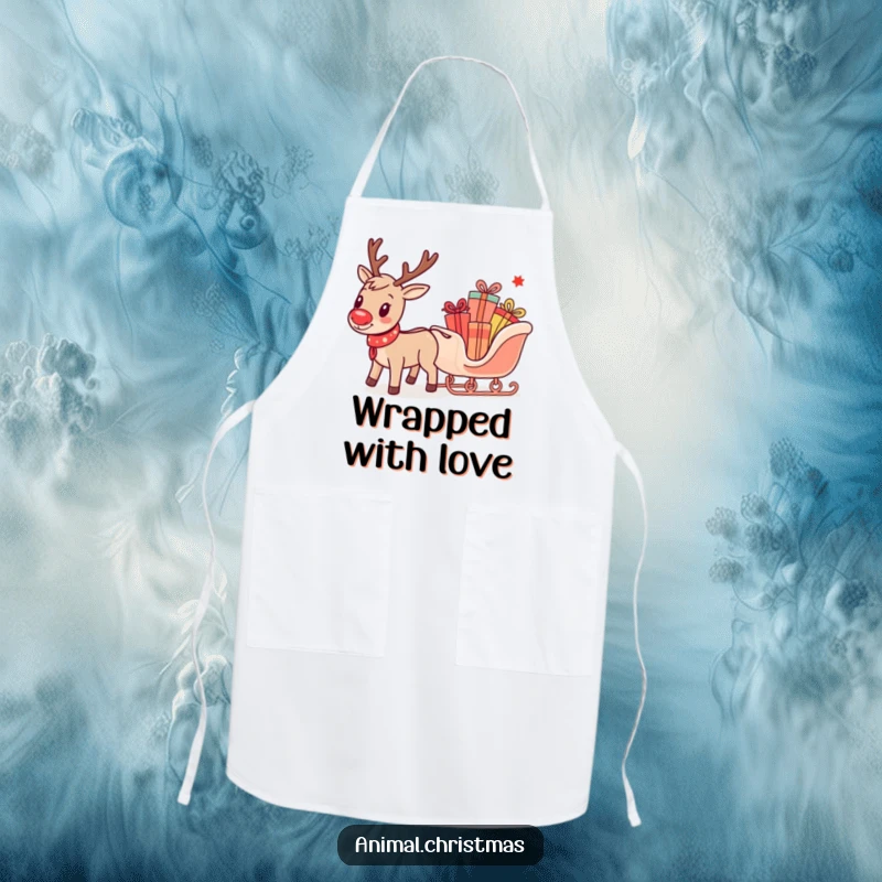 Funny apron depicting a cheerful reindeer pulling a small sleigh loaded with presents, designed for festive kitchen activities.