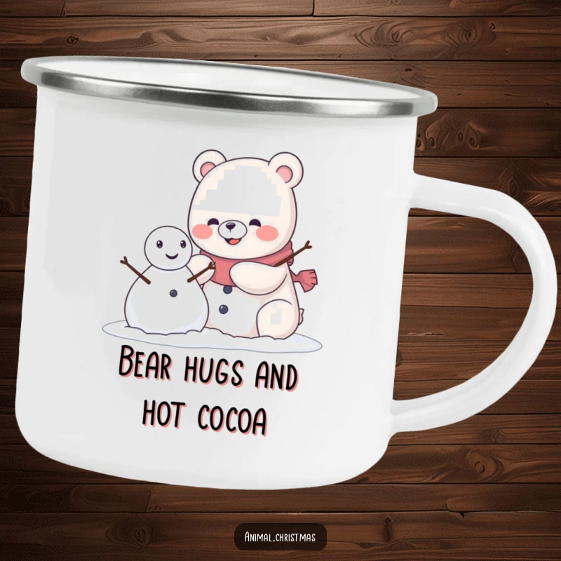 Funny kawaii bear with a pleased grin building a snowman, a sturdy camping mug for outdoor fun.