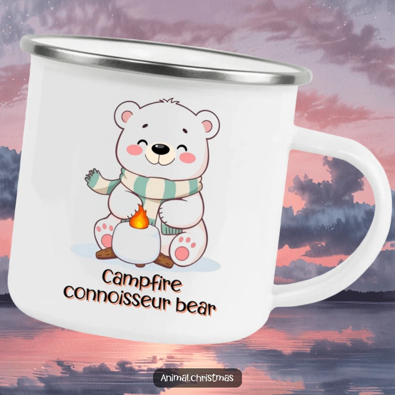 Funny Polar Bear Marshmallow Camping Mug: A polar bear with a festive scarf happily roasting a marshmallow, perfect for outdoor enjoyment.