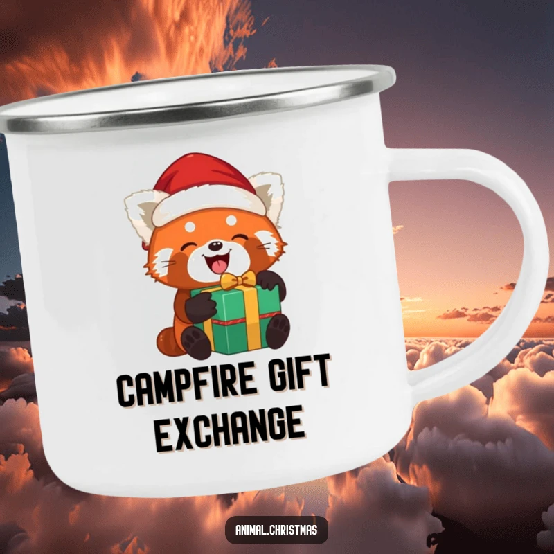 Funny red panda Santa camping mug with a red panda joyfully unwrapping a gift while wearing a Santa hat, built for outdoor fun.