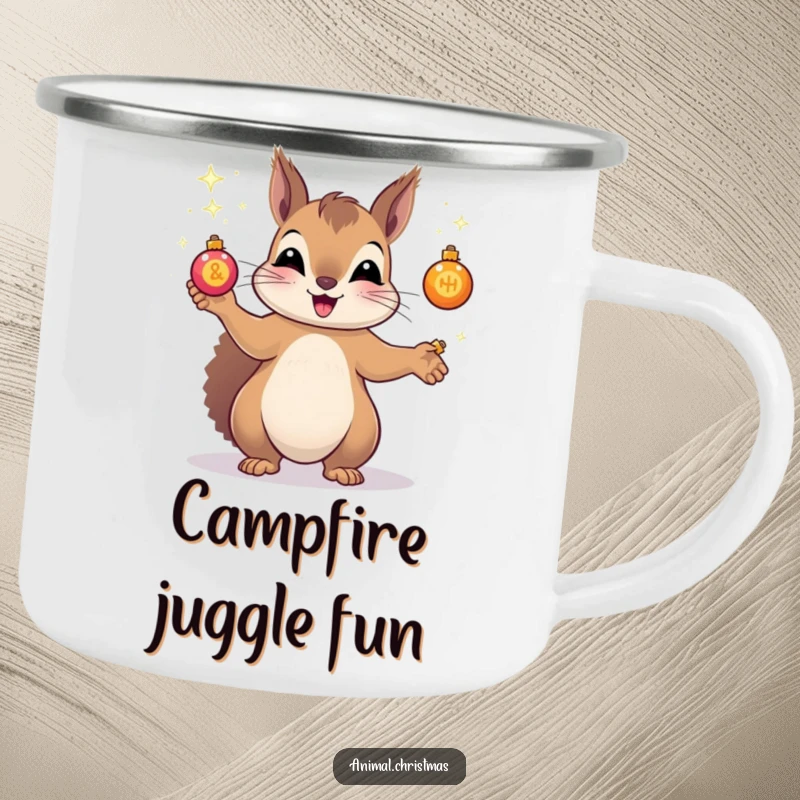 Funny camping mug featuring a squirrel energetically juggling tiny, sparkling Christmas ornaments, ideal for outdoor holiday enjoyment.