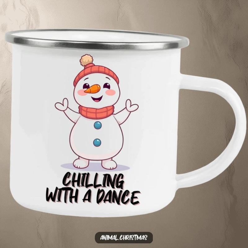 Funny Snowman Jig Camping Mug: A snowman with a carrot nose doing a little jig, perfect for outdoor fun.