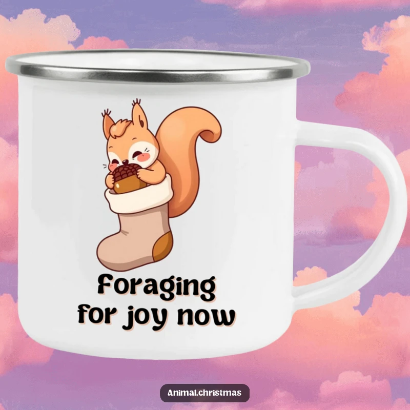 Funny kawaii squirrel camping mug, stuffing a giant acorn into a Christmas stocking, sturdy and cute mug for outdoor holiday activities.