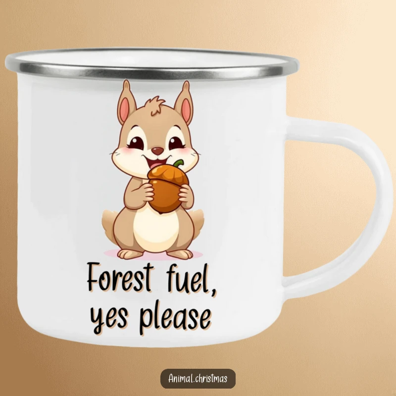 Funny squirrel camping mug with a cheerful grin holding a festive acorn, perfect for outdoor adventures and hot beverages.