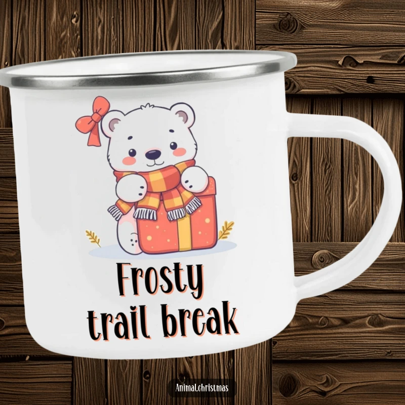 Funny camping mug of a polar bear in a scarf peeking from behind a large gift, designed for festive outdoor enjoyment.