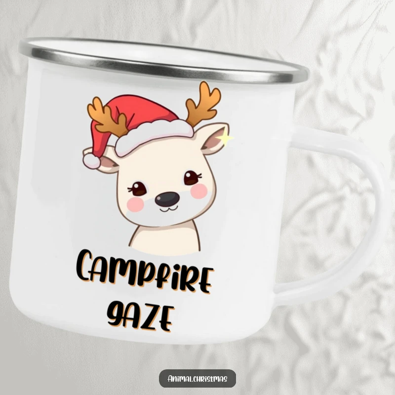 Funny camping mug featuring an animal wearing festive antlers, curiously watching a twinkling light, designed for outdoor enjoyment.