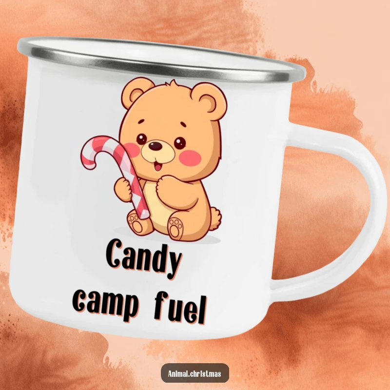 Funny camping mug with a cheerful bear cub holding a candy cane, perfect for enjoying warm drinks outdoors.