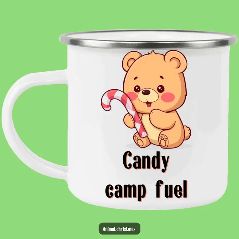 Funny Bear Cub Candy Cane Camping Mug: Excited Cub for Outdoor Funny Gift