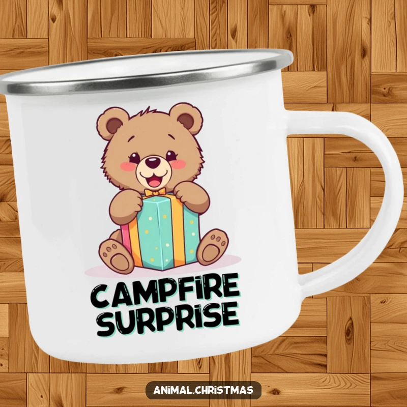 Funny camping mug of an excited bear cub unwrapping a brightly colored gift, great for festive outdoor enjoyment.