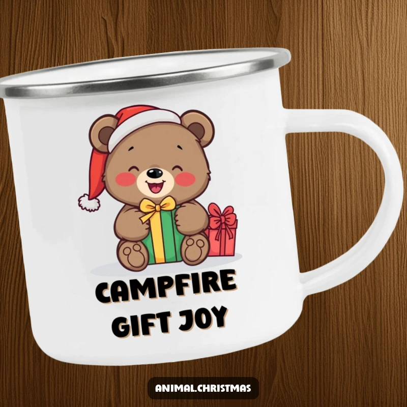 Funny camping mug featuring a bear wearing a Santa hat, happily unwrapping a gift, ideal for outdoor holiday enjoyment.