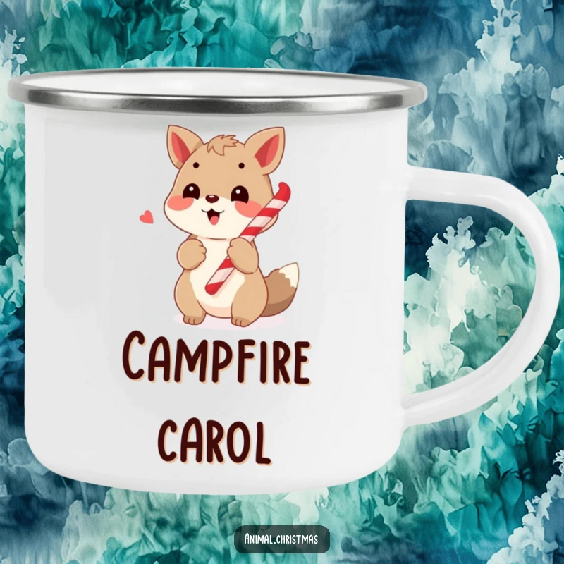 Funny camping mug featuring a cheerful animal caroling with a candy cane, ideal for outdoor music enthusiasts during holidays.