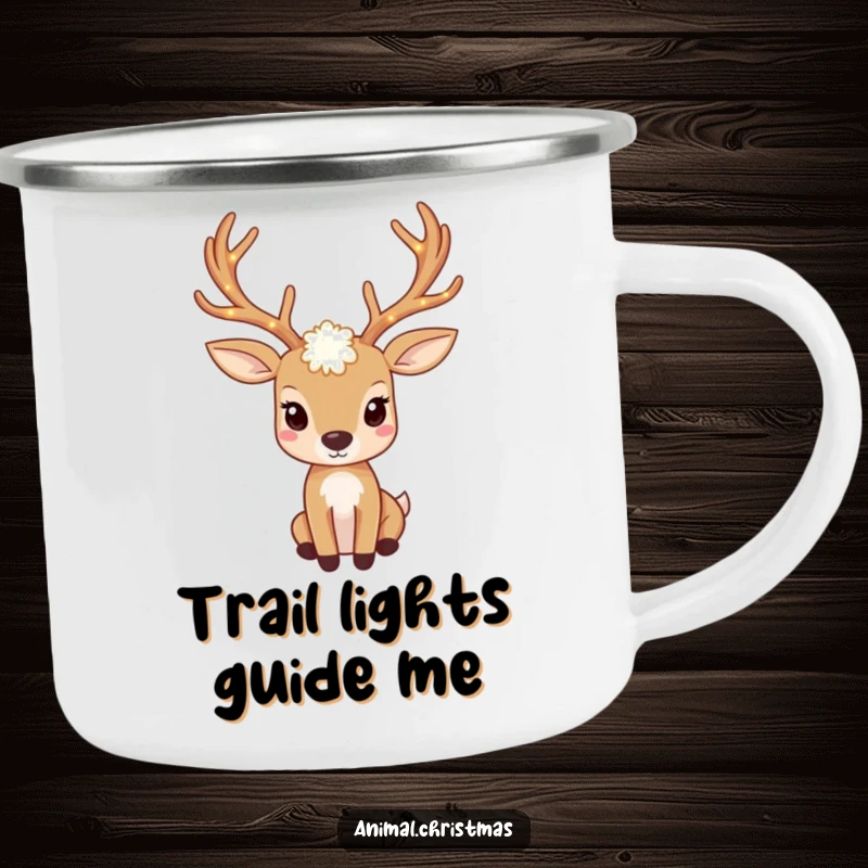 Funny deer camping mug with antlers adorned with twinkling lights, durable for outdoor use.