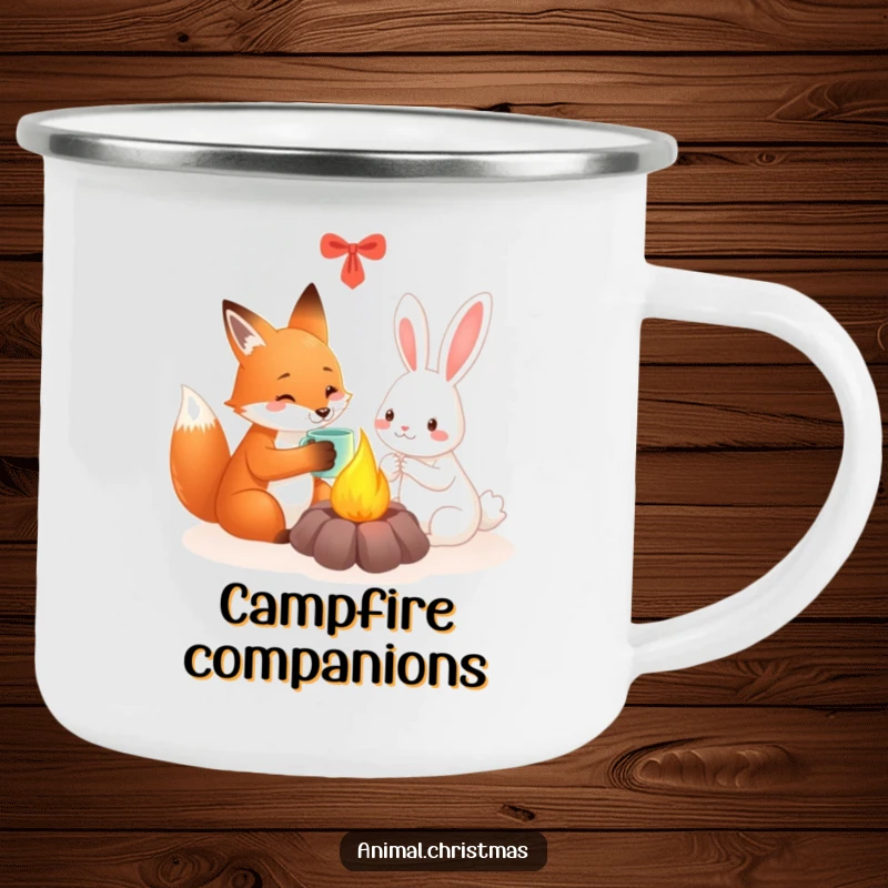 Funny fox and rabbit camping mug featuring friends sharing a warm mug by a festive fire, ideal for outdoor use.
