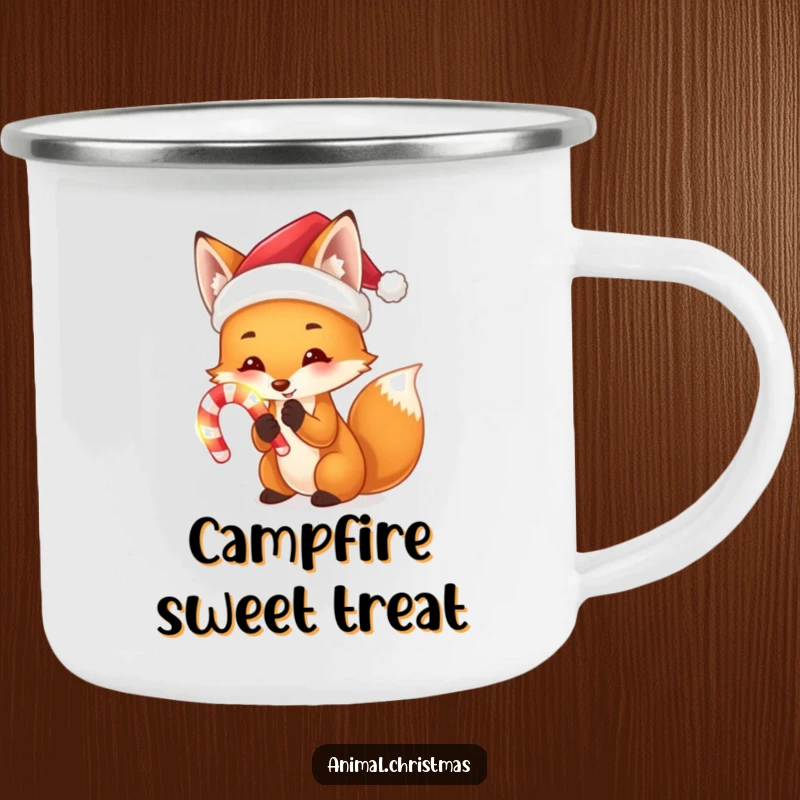 Funny camping mug featuring a fox wearing a Santa hat, holding a glowing candy cane, ideal for outdoor holiday enjoyment.