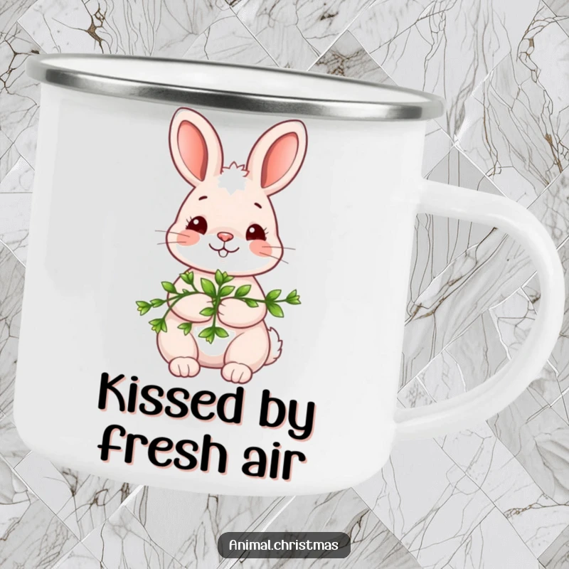 Funny kawaii bunny camping mug, holding mistletoe with a shy smile, sturdy and cute mug for outdoor romantic occasions.