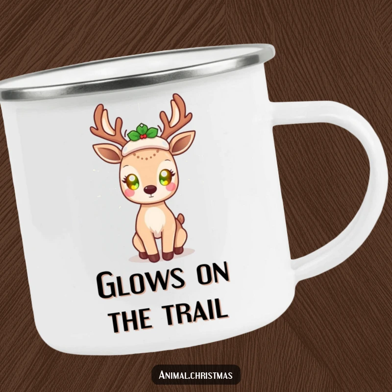 Funny kawaii deer camping mug, with glowing eyes, radiating holiday cheer, sturdy and cute mug for outdoor holiday activities.