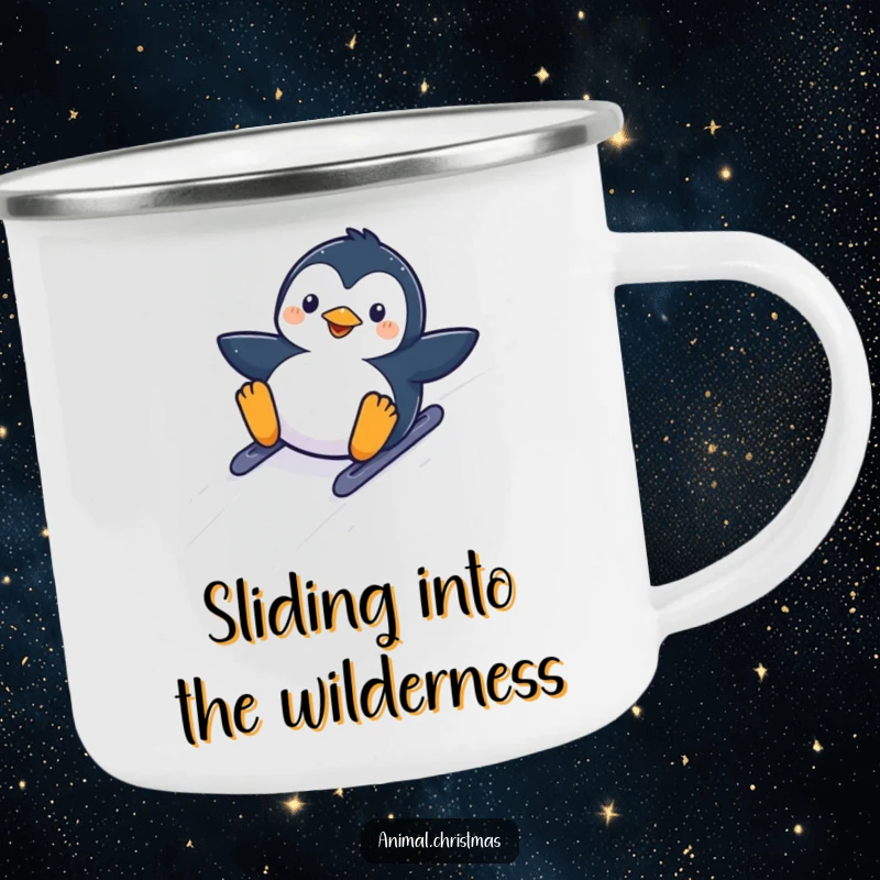 Funny kawaii penguin sliding down a snowy hill with glee, a sturdy camping mug for outdoor fun.