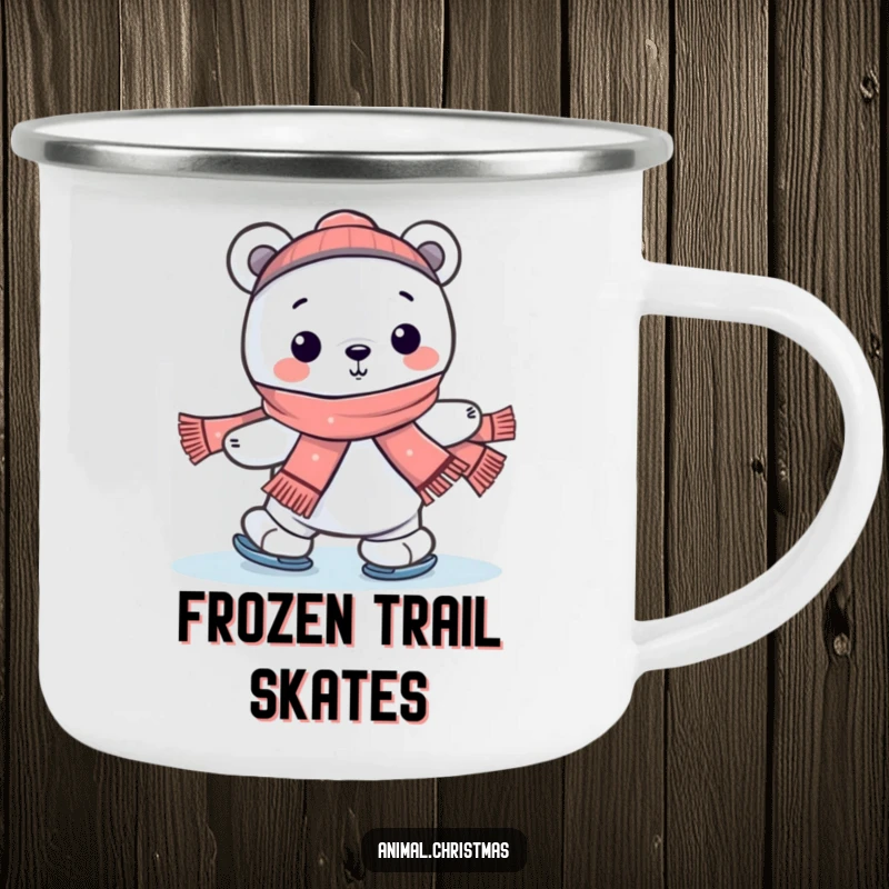 Funny kawaii polar bear ice skating with a scarf on a rugged camping mug, perfect for humorous outdoor enjoyment.