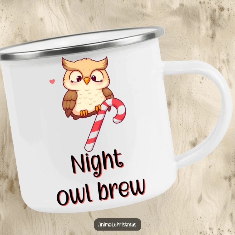Funny camping mug with a wise owl perched on a candy cane, hooting merrily, ideal for outdoor adventures.