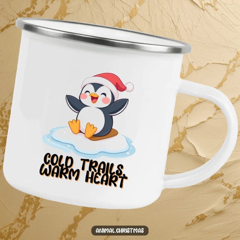 Funny Penguin Santa Camping Mug: A penguin wearing a Santa hat joyfully sliding on ice, perfect for outdoor fun.