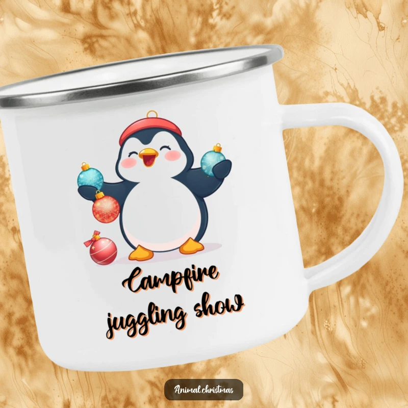 Funny Christmas camping mug featuring a plump penguin beaming while attempting to juggle three shimmering Christmas baubles.